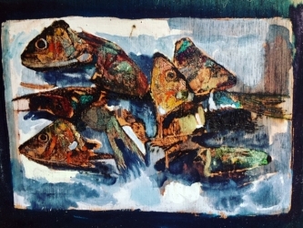 Fish heads - Pyrography, watercolour and pigment on wood - £200