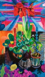 Amaryllis, plants, glass and painting - SOLD - Acrylic ink on paper