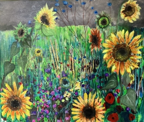 Sunflowers - SOLD - watercolour and ink on canvas