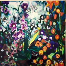 Orchids and Marigolds - SOLD - Pen, ink and watercolour on canvas