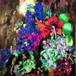 Amaryllis and Delphiniums - SOLD - Pen, Ink and Watercolour on canvas