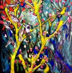 Sparrows and blossom tree - £550 - Collage and oil on canvas