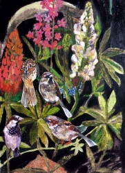 Sparrows and Lupins - SOLD - Oil and collage on wood