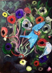 Bluebirds and Peonies 2 - SOLD - Oil and collage on wood