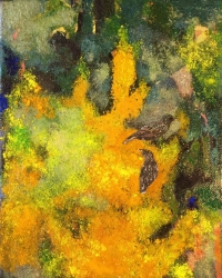 Yellow, starlings - SOLD - Collage and oil on canvas