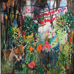 Fox-in-the-garden- £800 -currently available through Torrance Gallery(framed) -60x60cm-watercolour-and-ink-on-canvas