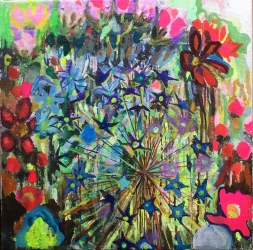 Alliums with blue and pink - £225 (framed)  Currently available through Scotlandart gallery - Watercolour and ink on canvas