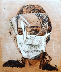 NHS Portraits for heroes: 'Safi', Pyrography and watercolour on wood