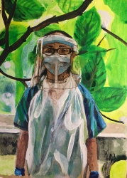 NHS Portraits for heroes: 'Arlette', Pyrography and watercolour on wood