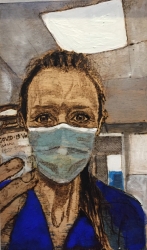 NHS Portraits for heroes: 'Rhona', Pyrography and watercolour on wood