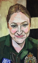 NHS Portraits for heroes: 'Samantha', Pyrography and watercolour on wood